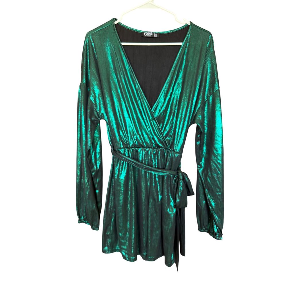 Yoins Shiny Emerald Green Romper w/belt and pockets Large Size 12